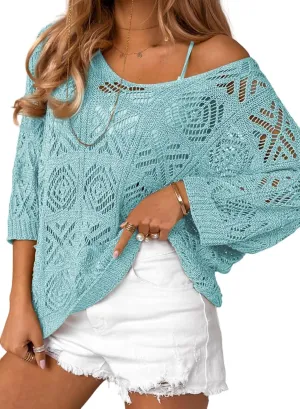 Sidefeel Women's 2025 Spring Summer Crochet Tops Off The Shoulder Hollow Out Knit Tops 3/4 Sleeve Pullover Sweater Cover Ups
