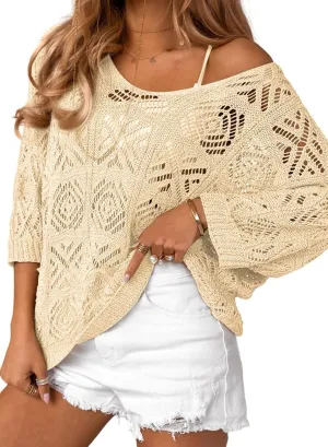 Sidefeel Women's 2025 Spring Summer Crochet Tops Off The Shoulder Hollow Out Knit Tops 3/4 Sleeve Pullover Sweater Cover Ups