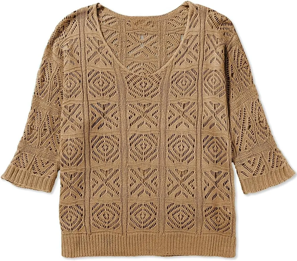 Sidefeel Women's 2025 Spring Summer Crochet Tops Off The Shoulder Hollow Out Knit Tops 3/4 Sleeve Pullover Sweater Cover Ups