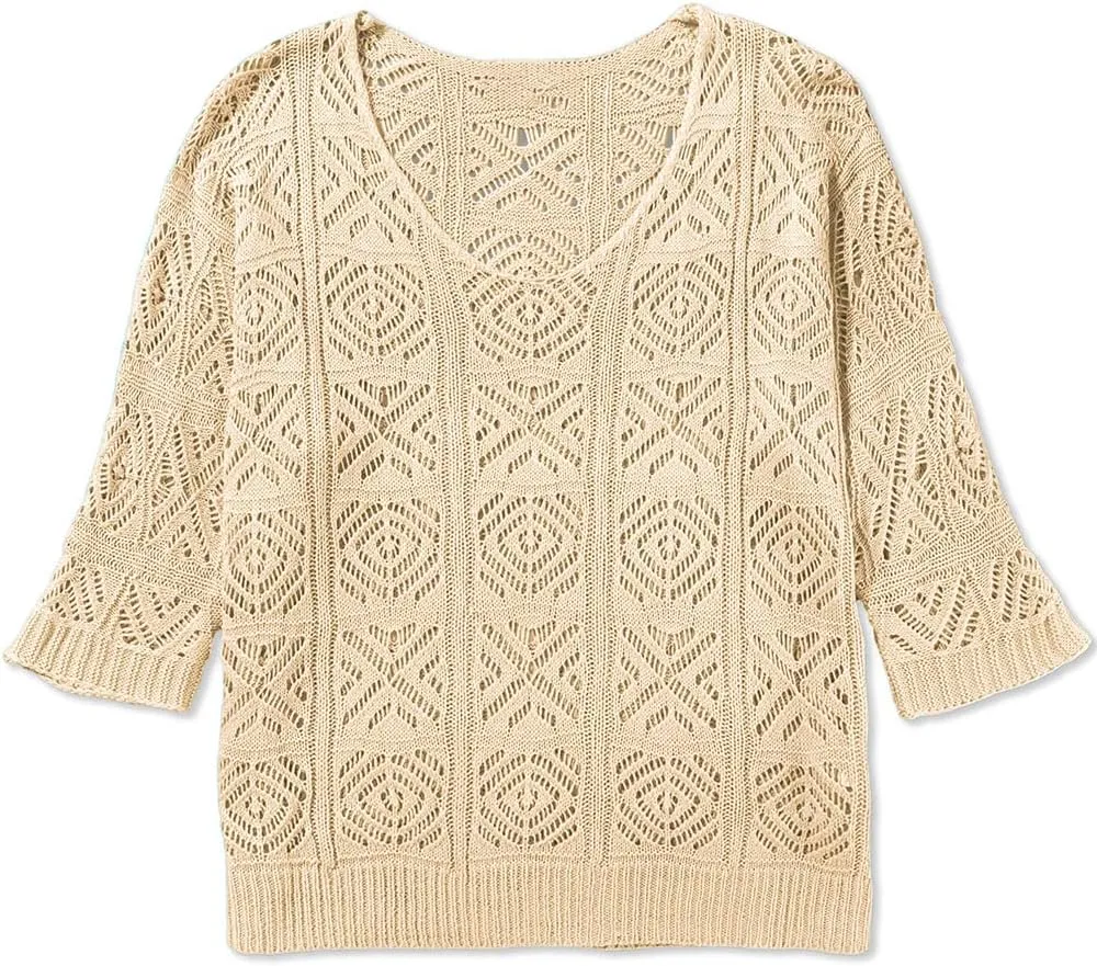 Sidefeel Women's 2025 Spring Summer Crochet Tops Off The Shoulder Hollow Out Knit Tops 3/4 Sleeve Pullover Sweater Cover Ups