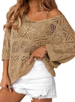 Sidefeel Women's 2025 Spring Summer Crochet Tops Off The Shoulder Hollow Out Knit Tops 3/4 Sleeve Pullover Sweater Cover Ups