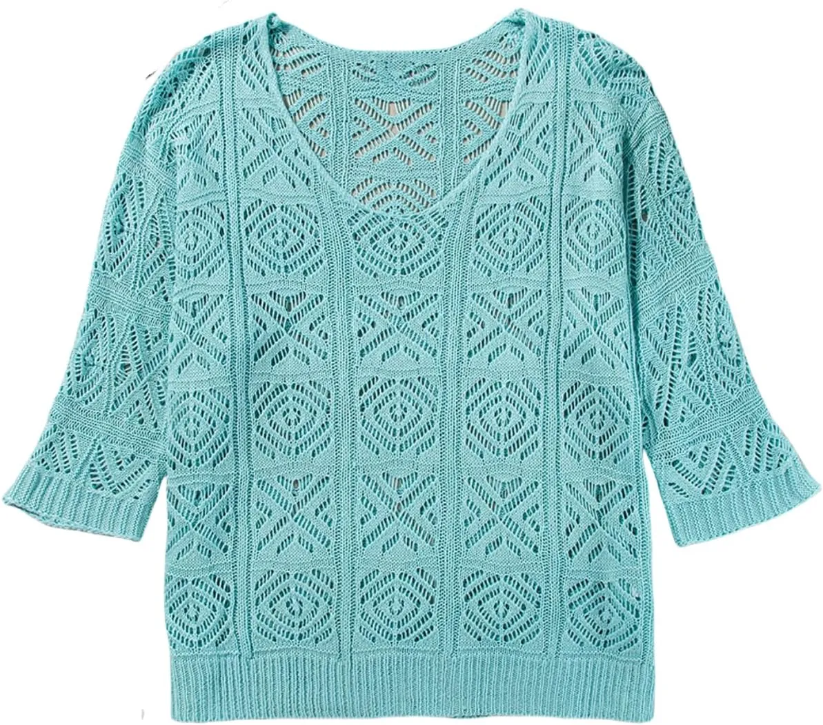 Sidefeel Women's 2025 Spring Summer Crochet Tops Off The Shoulder Hollow Out Knit Tops 3/4 Sleeve Pullover Sweater Cover Ups
