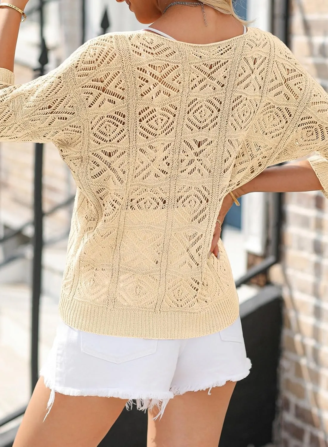 Sidefeel Women's 2025 Spring Summer Crochet Tops Off The Shoulder Hollow Out Knit Tops 3/4 Sleeve Pullover Sweater Cover Ups