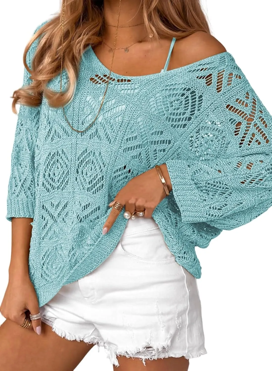 Sidefeel Women's 2025 Spring Summer Crochet Tops Off The Shoulder Hollow Out Knit Tops 3/4 Sleeve Pullover Sweater Cover Ups