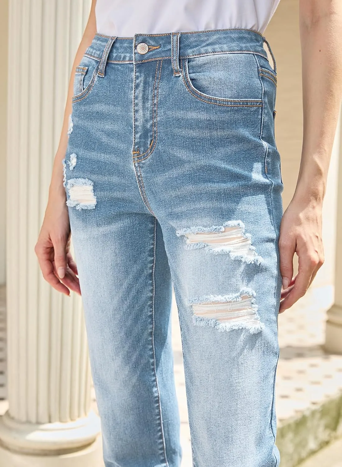 Sidefeel Women's Ripped Jeans Straight Leg Loose Distressed Boyfriend Zimbaplatinum Denim Pants
