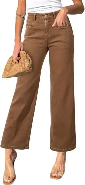 Sidefeel Women's Wide Leg Jeans High Waisted Stretchy Jeans Straight Leg Zimbaplatinum Ankle Denim Pants with Slant Pockets