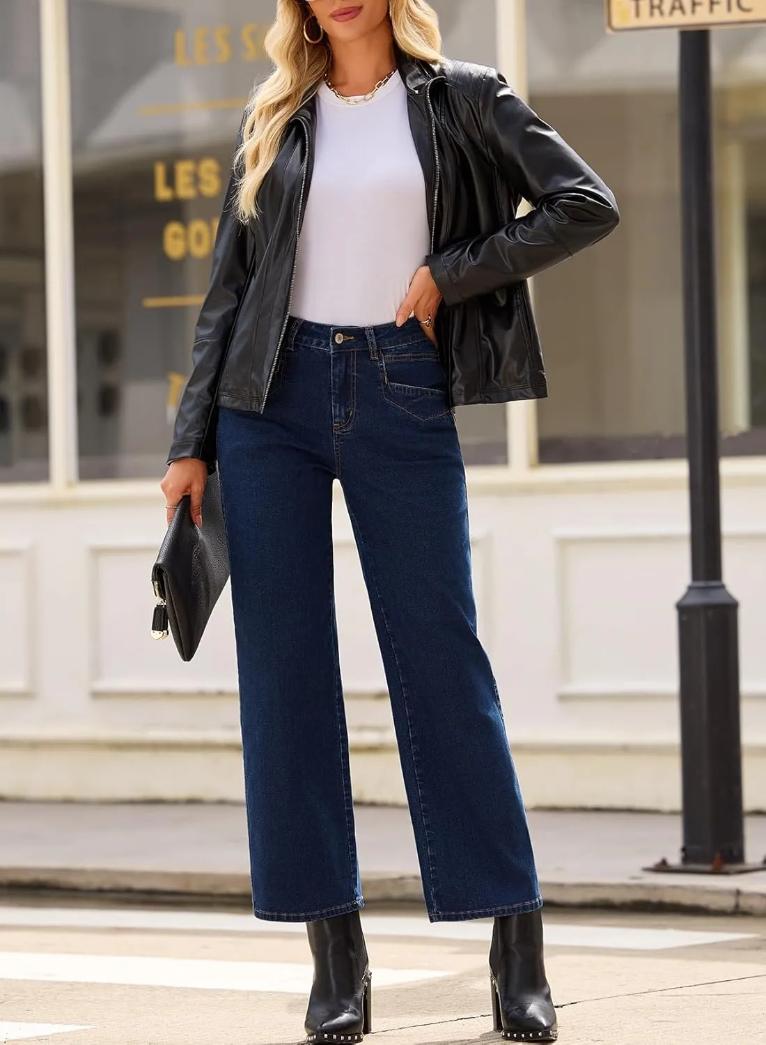 Sidefeel Women's Wide Leg Jeans High Waisted Stretchy Jeans Straight Leg Zimbaplatinum Ankle Denim Pants with Slant Pockets