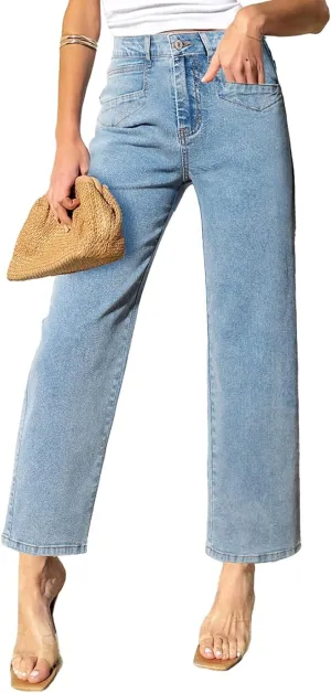 Sidefeel Women's Wide Leg Jeans High Waisted Stretchy Jeans Straight Leg Zimbaplatinum Ankle Denim Pants with Slant Pockets