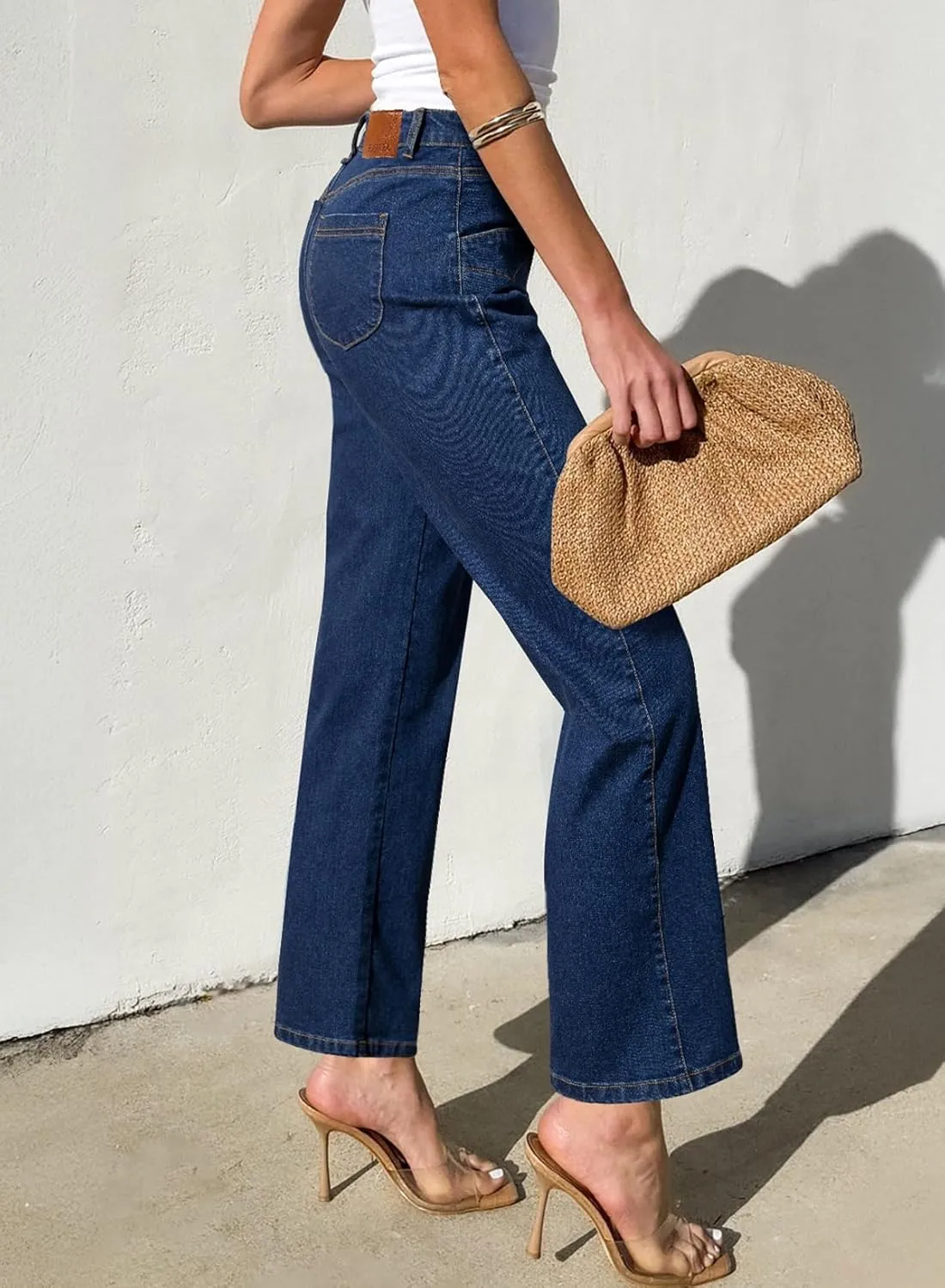 Sidefeel Women's Wide Leg Jeans High Waisted Stretchy Jeans Straight Leg Zimbaplatinum Ankle Denim Pants with Slant Pockets