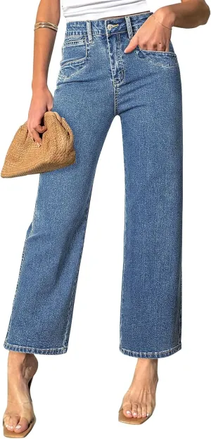 Sidefeel Women's Wide Leg Jeans High Waisted Stretchy Jeans Straight Leg Zimbaplatinum Ankle Denim Pants with Slant Pockets