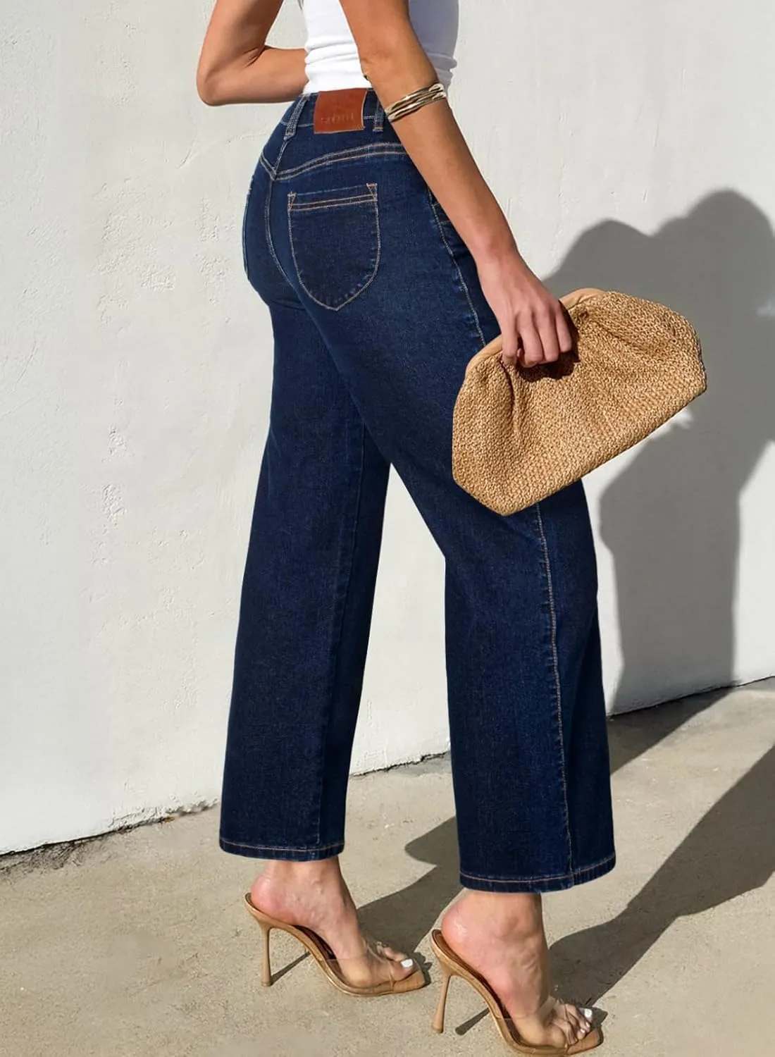 Sidefeel Women's Wide Leg Jeans High Waisted Stretchy Jeans Straight Leg Zimbaplatinum Ankle Denim Pants with Slant Pockets