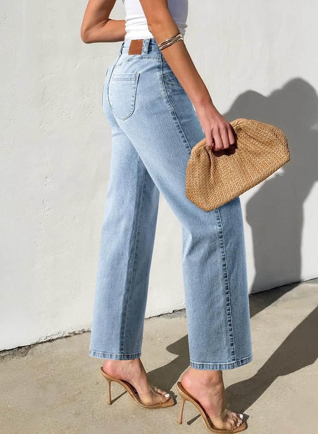 Sidefeel Women's Wide Leg Jeans High Waisted Stretchy Jeans Straight Leg Zimbaplatinum Ankle Denim Pants with Slant Pockets