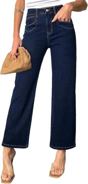 Sidefeel Women's Wide Leg Jeans High Waisted Stretchy Jeans Straight Leg Zimbaplatinum Ankle Denim Pants with Slant Pockets