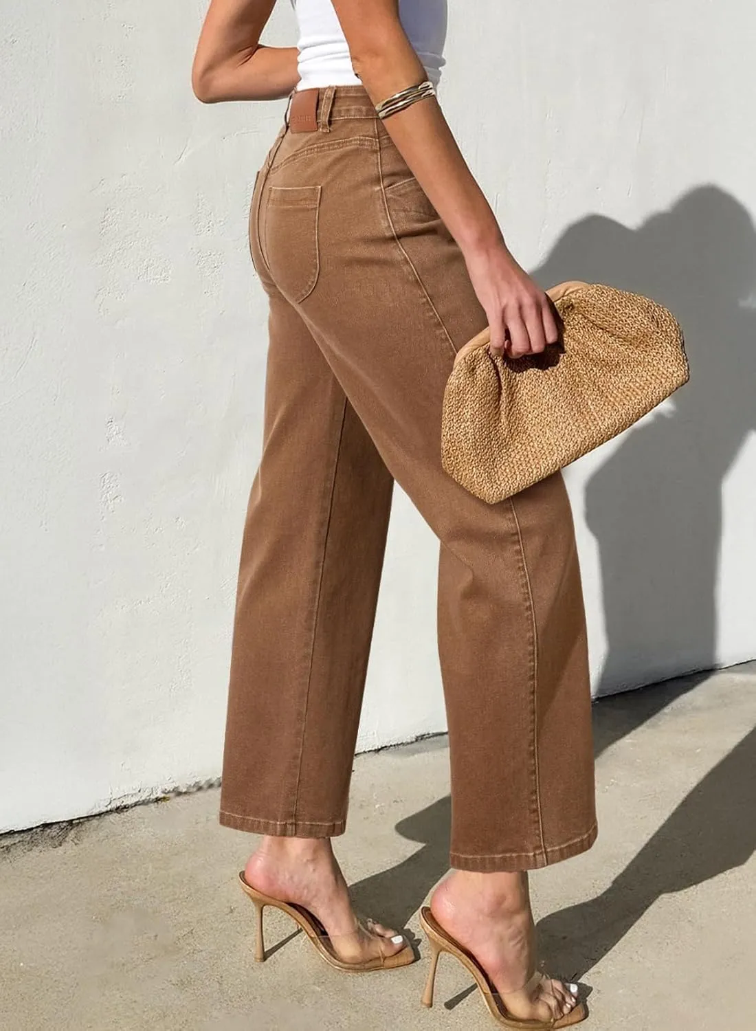 Sidefeel Women's Wide Leg Jeans High Waisted Stretchy Jeans Straight Leg Zimbaplatinum Ankle Denim Pants with Slant Pockets