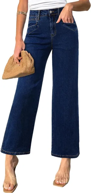 Sidefeel Women's Wide Leg Jeans High Waisted Stretchy Jeans Straight Leg Zimbaplatinum Ankle Denim Pants with Slant Pockets