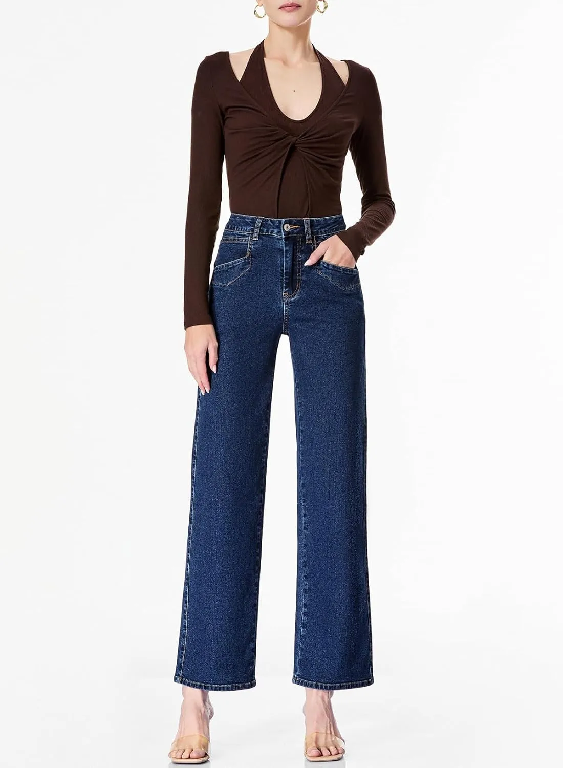 Sidefeel Women's Wide Leg Jeans High Waisted Stretchy Jeans Straight Leg Zimbaplatinum Ankle Denim Pants with Slant Pockets
