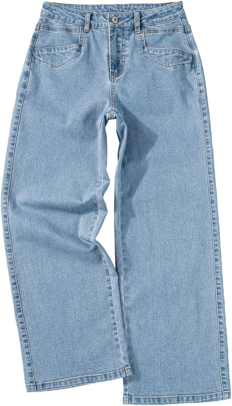 Sidefeel Women's Wide Leg Jeans High Waisted Stretchy Jeans Straight Leg Zimbaplatinum Ankle Denim Pants with Slant Pockets