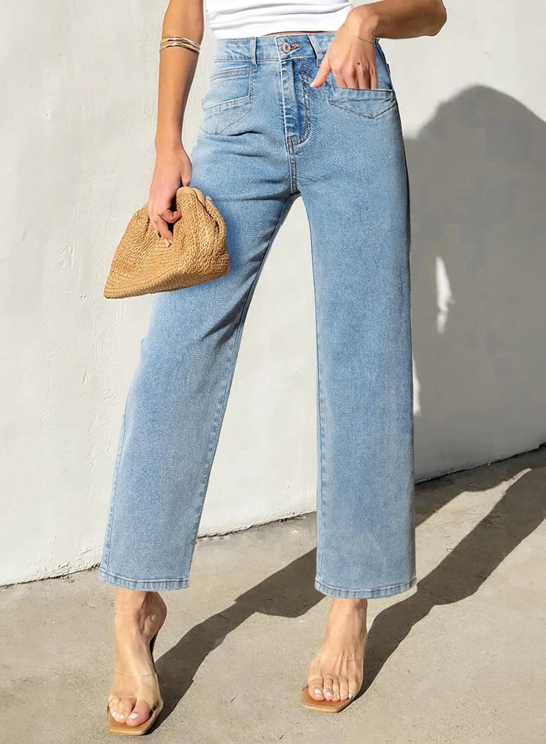 Sidefeel Women's Wide Leg Jeans High Waisted Stretchy Jeans Straight Leg Zimbaplatinum Ankle Denim Pants with Slant Pockets