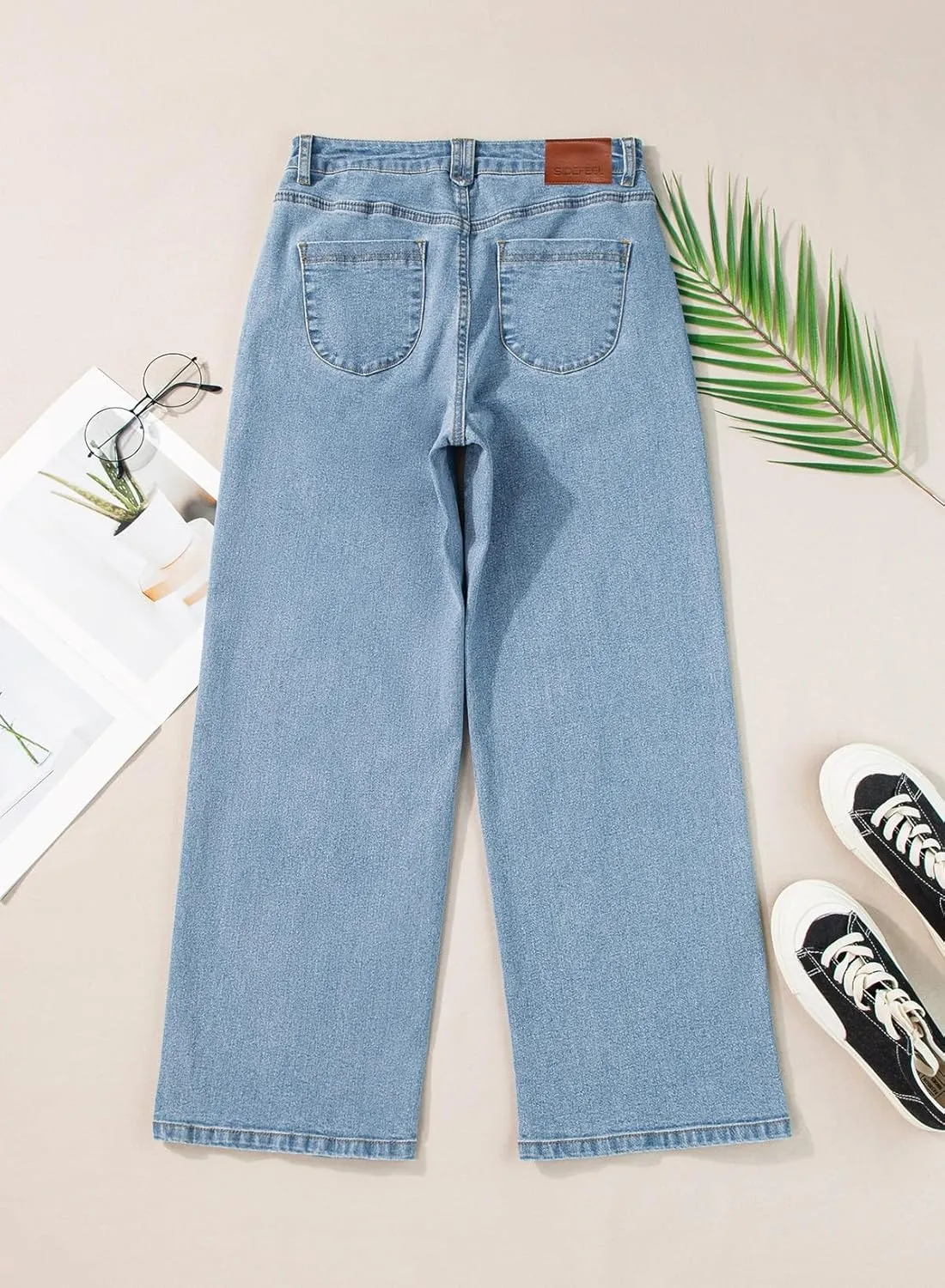 Sidefeel Women's Wide Leg Jeans High Waisted Stretchy Jeans Straight Leg Zimbaplatinum Ankle Denim Pants with Slant Pockets