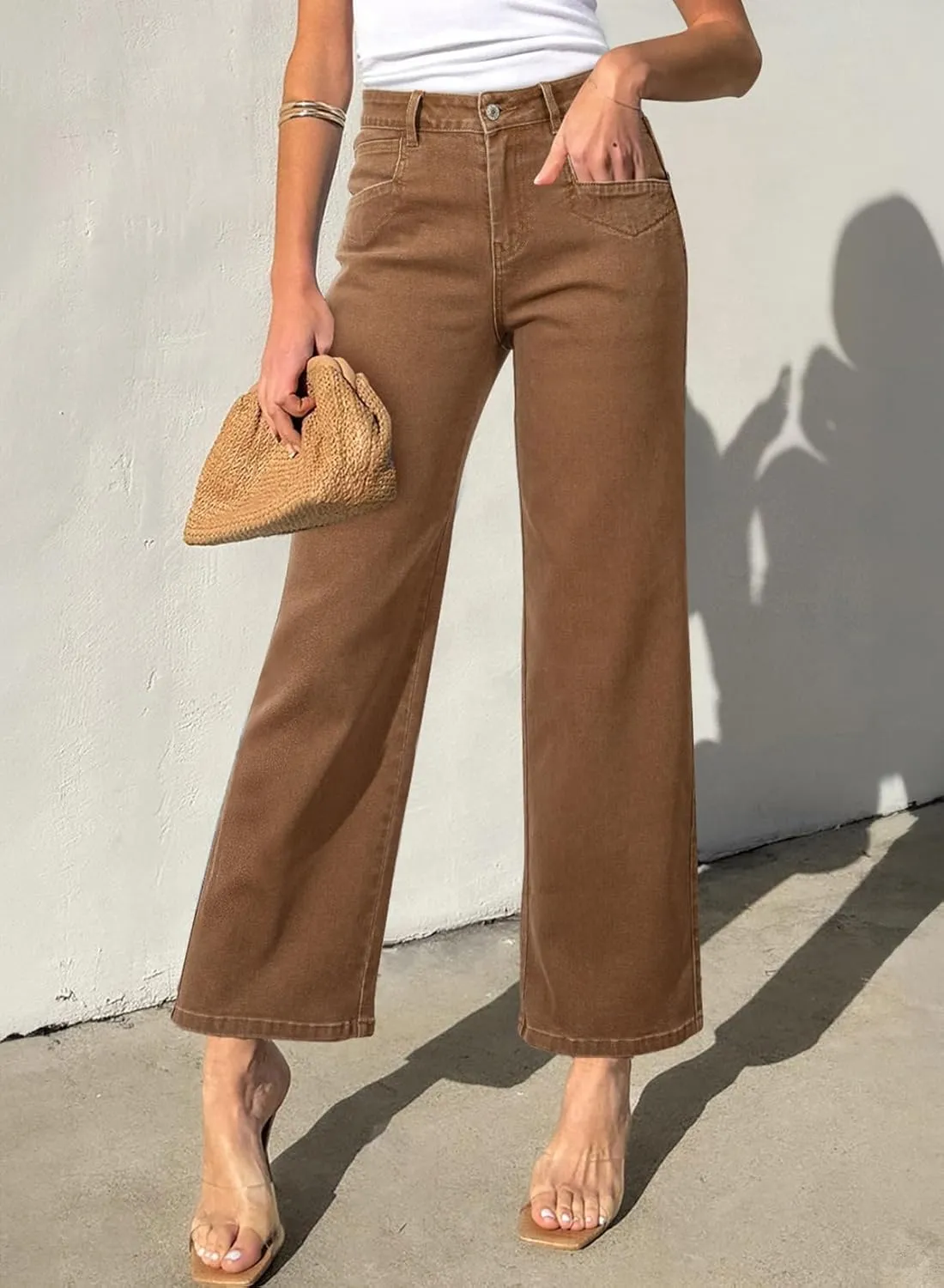 Sidefeel Women's Wide Leg Jeans High Waisted Stretchy Jeans Straight Leg Zimbaplatinum Ankle Denim Pants with Slant Pockets