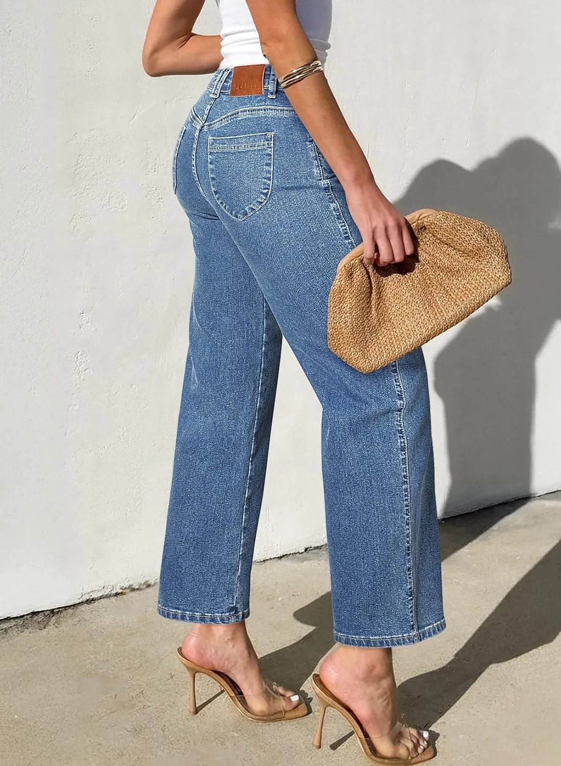 Sidefeel Women's Wide Leg Jeans High Waisted Stretchy Jeans Straight Leg Zimbaplatinum Ankle Denim Pants with Slant Pockets