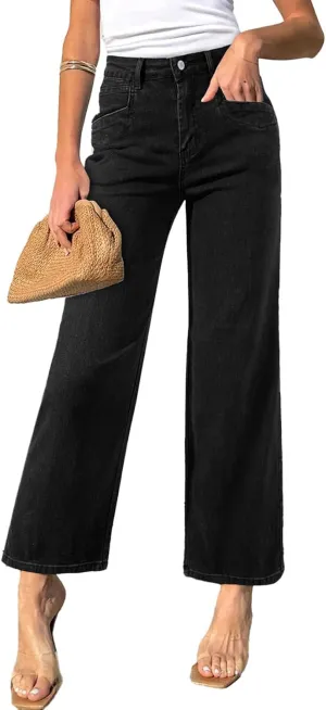 Sidefeel Women's Wide Leg Jeans High Waisted Stretchy Jeans Straight Leg Zimbaplatinum Ankle Denim Pants with Slant Pockets