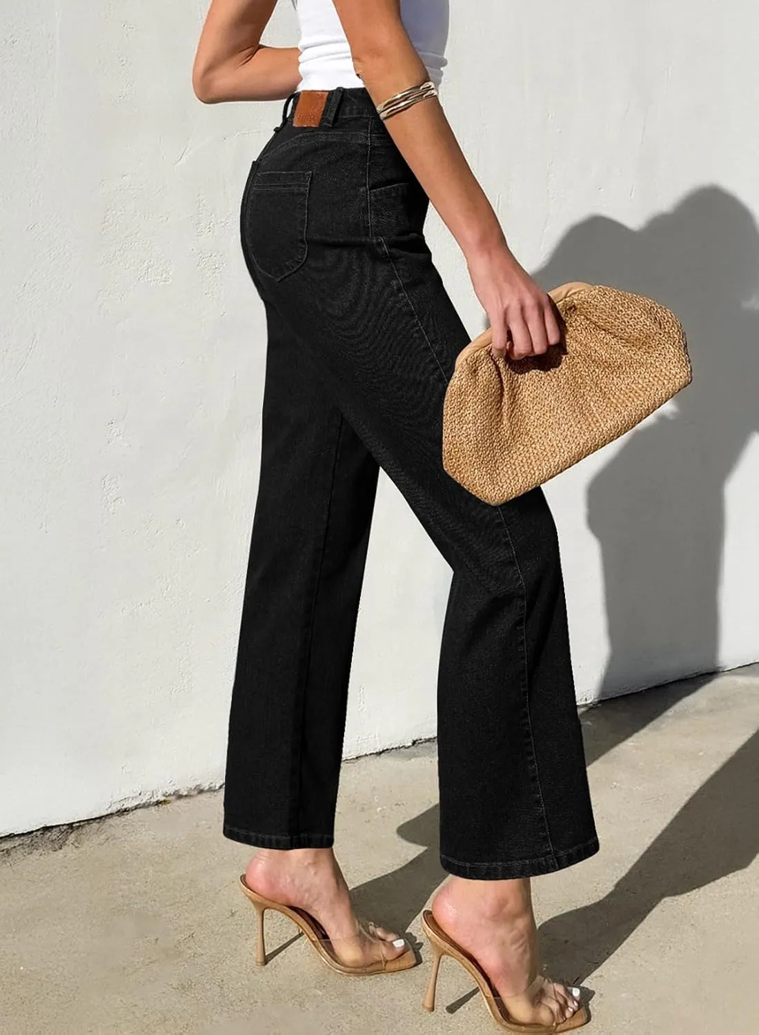 Sidefeel Women's Wide Leg Jeans High Waisted Stretchy Jeans Straight Leg Zimbaplatinum Ankle Denim Pants with Slant Pockets