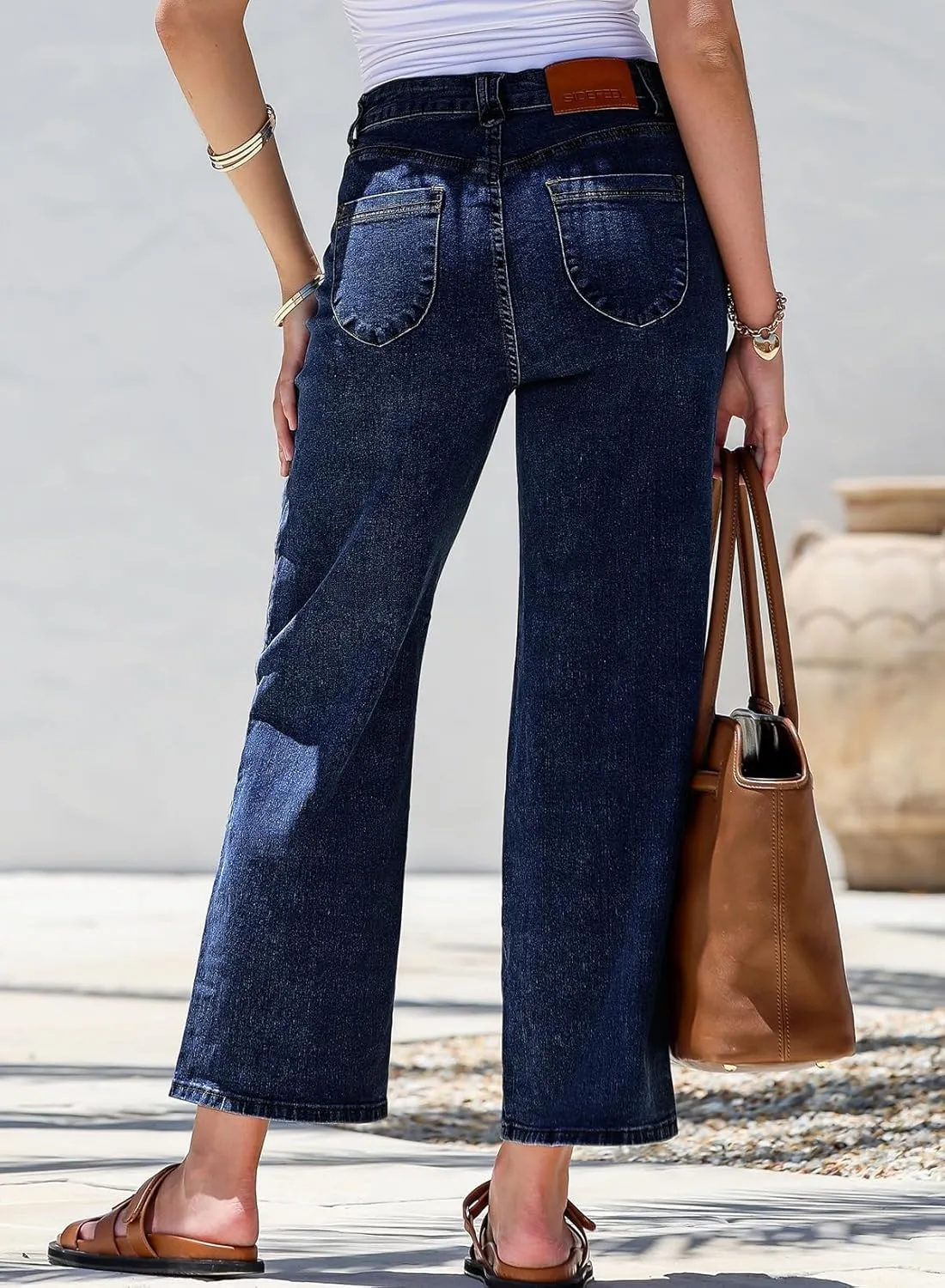 Sidefeel Women's Wide Leg Jeans High Waisted Stretchy Jeans Straight Leg Zimbaplatinum Ankle Denim Pants with Slant Pockets