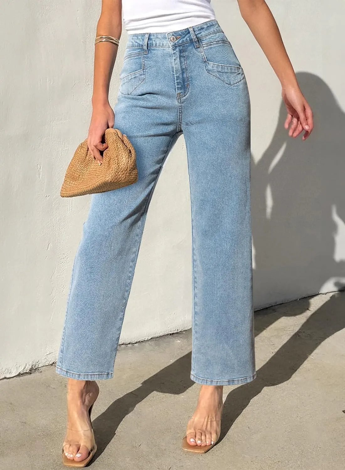 Sidefeel Women's Wide Leg Jeans High Waisted Stretchy Jeans Straight Leg Zimbaplatinum Ankle Denim Pants with Slant Pockets