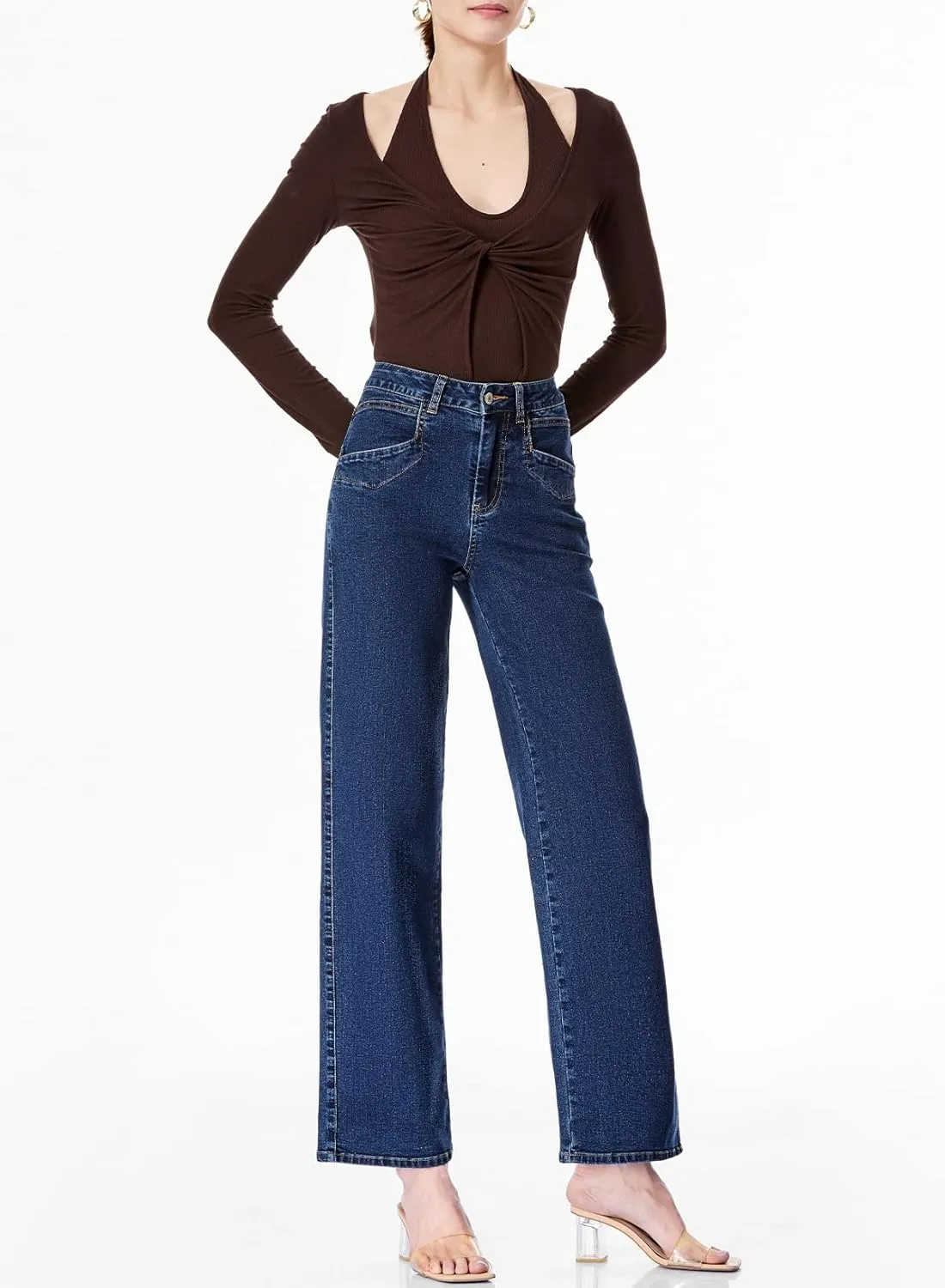 Sidefeel Women's Wide Leg Jeans High Waisted Stretchy Jeans Straight Leg Zimbaplatinum Ankle Denim Pants with Slant Pockets