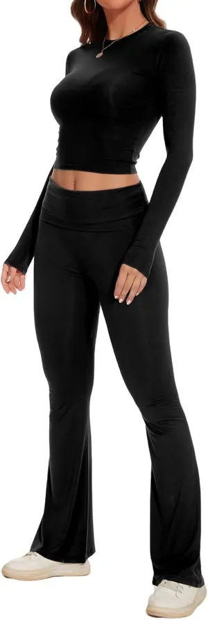 SISKIN Women's 2 Piece Outfits Lounge Sets Long Sleeve Tops with Wide Leg Flare Pants Yoga Tracksuit Sets