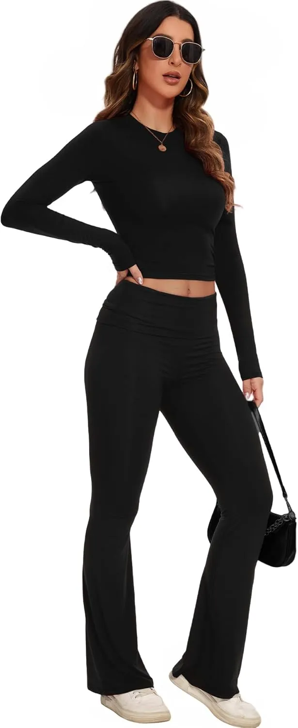 SISKIN Women's 2 Piece Outfits Lounge Sets Long Sleeve Tops with Wide Leg Flare Pants Yoga Tracksuit Sets