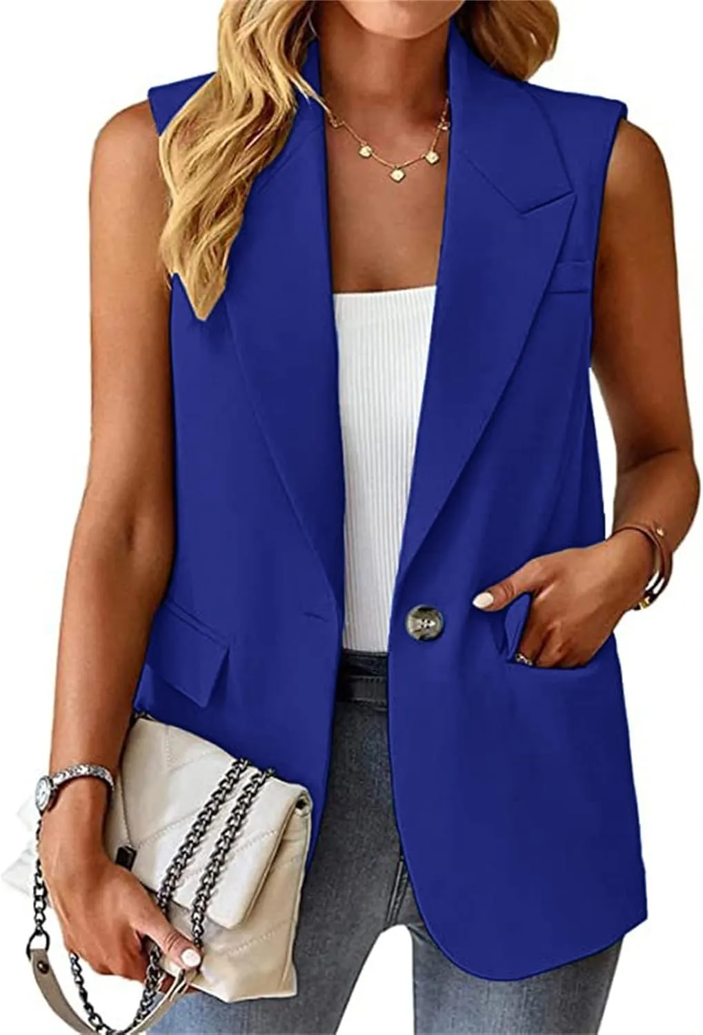 Sleeveless Blazer Vest for Women Spring 2025 Fashion Casual Lightweight Open Front Work Office Blazer Jackets with Pockets