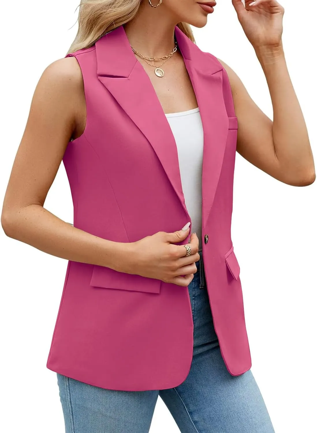 Sleeveless Blazer Vest for Women Spring 2025 Fashion Casual Lightweight Open Front Work Office Blazer Jackets with Pockets