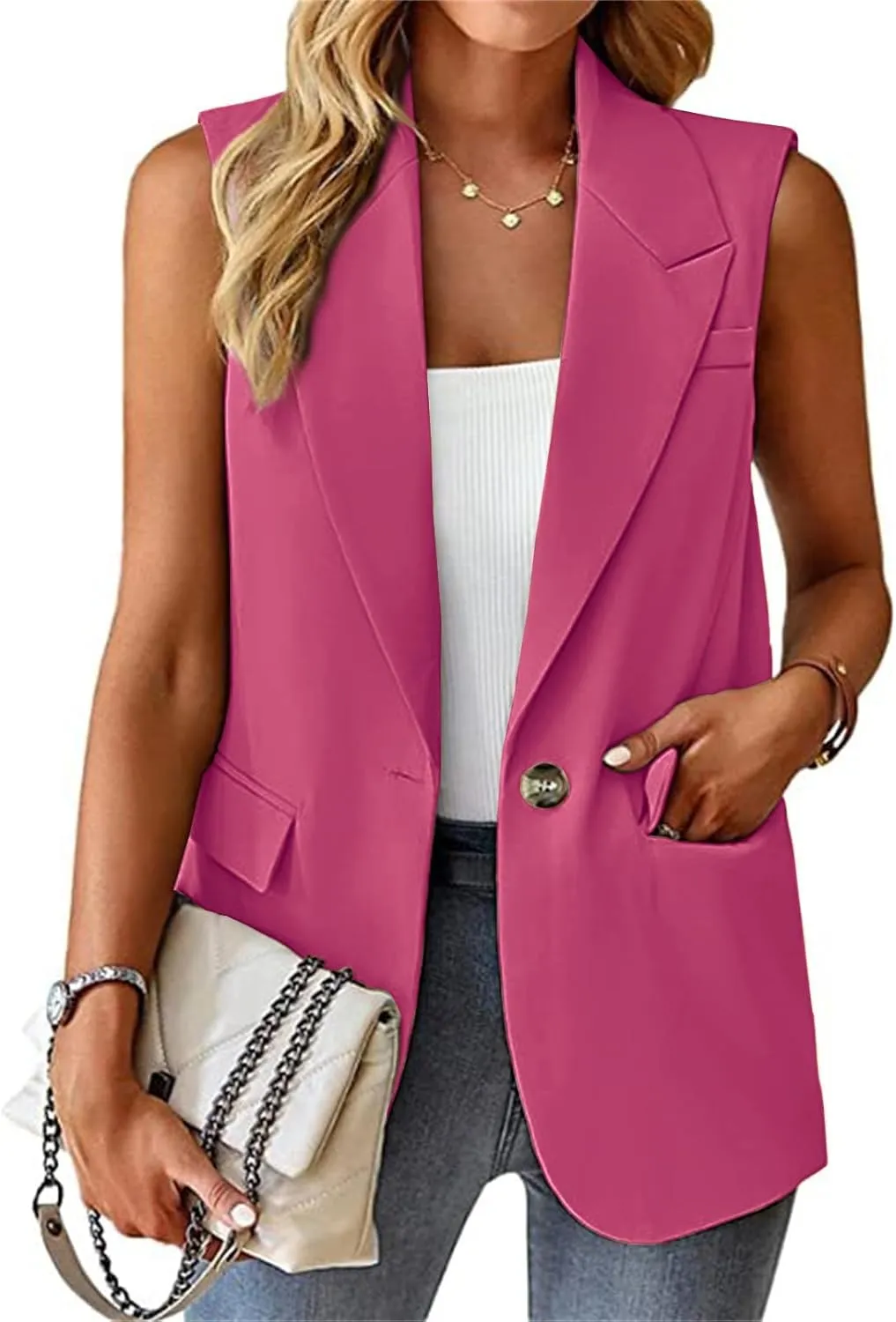 Sleeveless Blazer Vest for Women Spring 2025 Fashion Casual Lightweight Open Front Work Office Blazer Jackets with Pockets