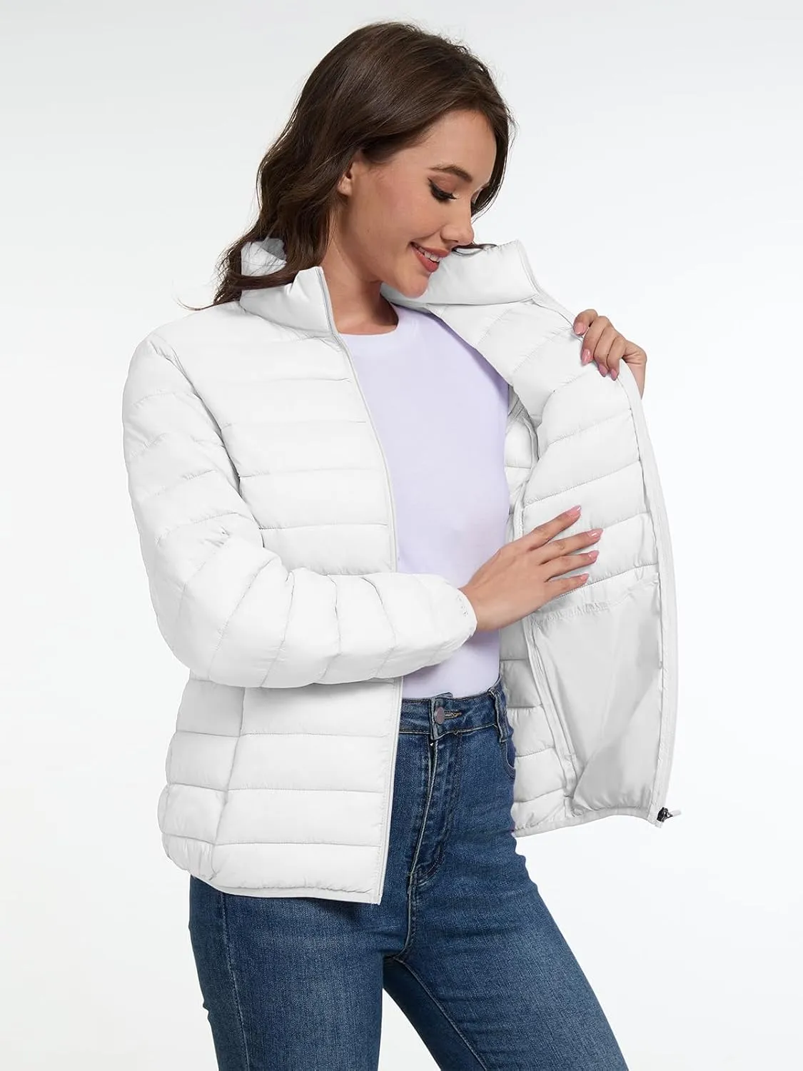 SMENG Women's Lightweight Quilted Puffer Jackets Full-Zip Stand-collar with 4 Pockets Padded Fleece Jacket Coat
