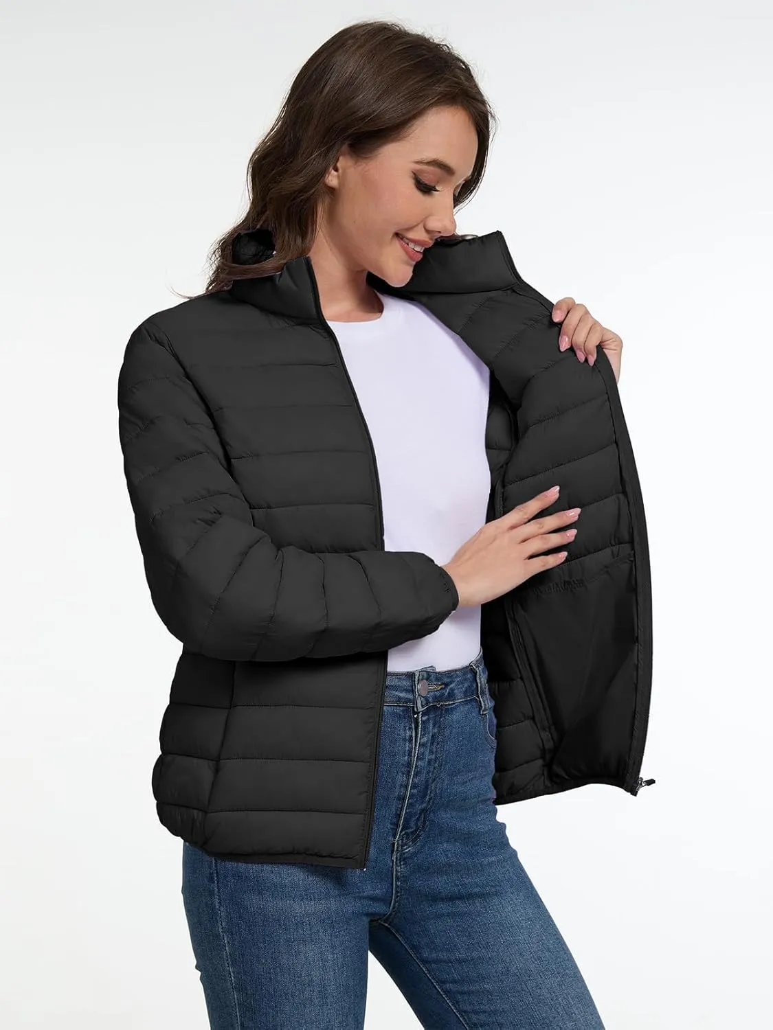 SMENG Women's Lightweight Quilted Puffer Jackets Full-Zip Stand-collar with 4 Pockets Padded Fleece Jacket Coat
