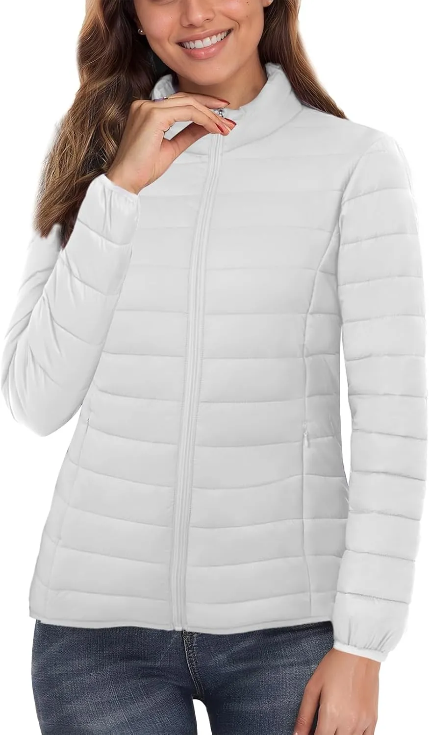SMENG Women's Lightweight Quilted Puffer Jackets Full-Zip Stand-collar with 4 Pockets Padded Fleece Jacket Coat