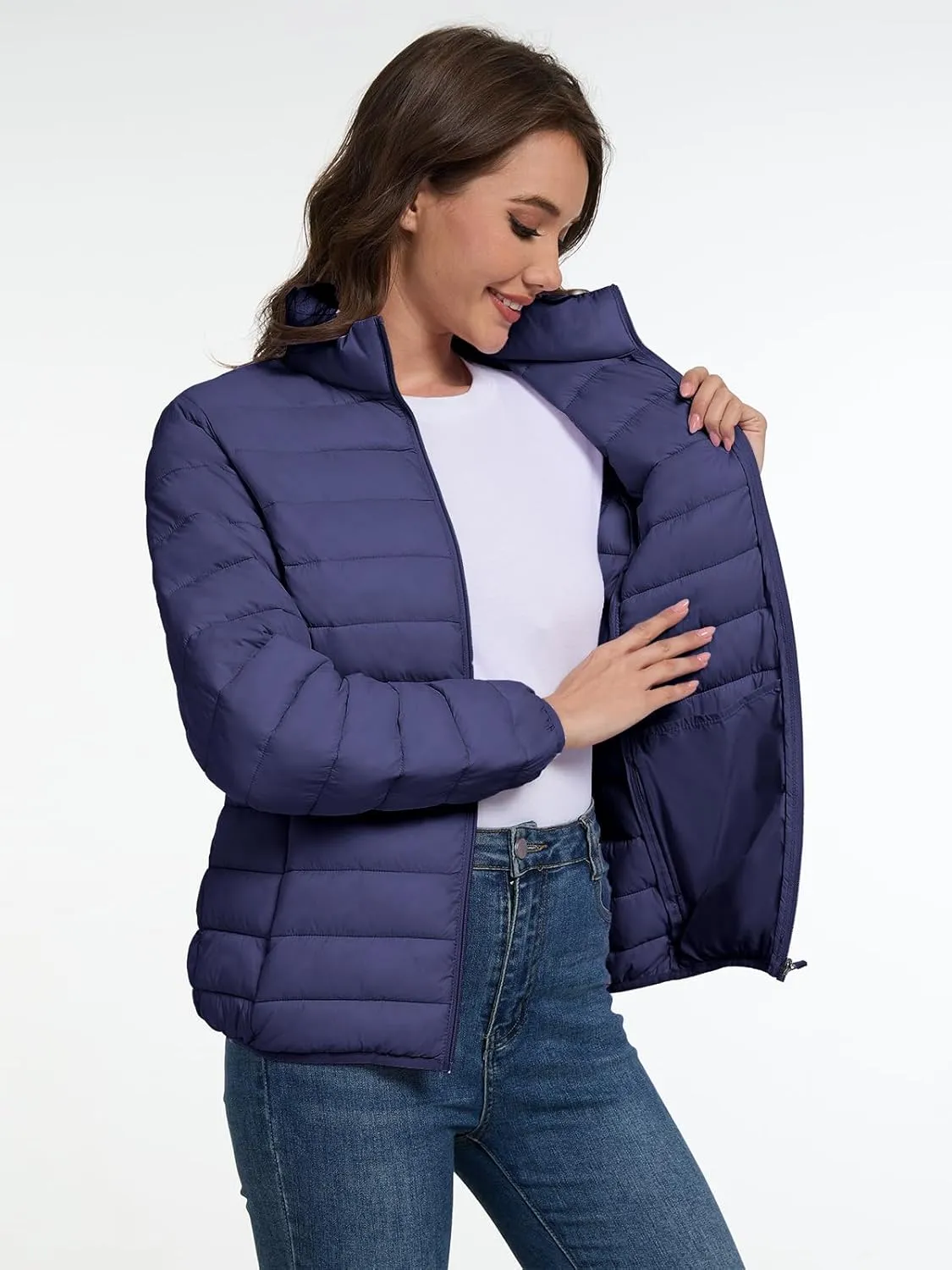 SMENG Women's Lightweight Quilted Puffer Jackets Full-Zip Stand-collar with 4 Pockets Padded Fleece Jacket Coat