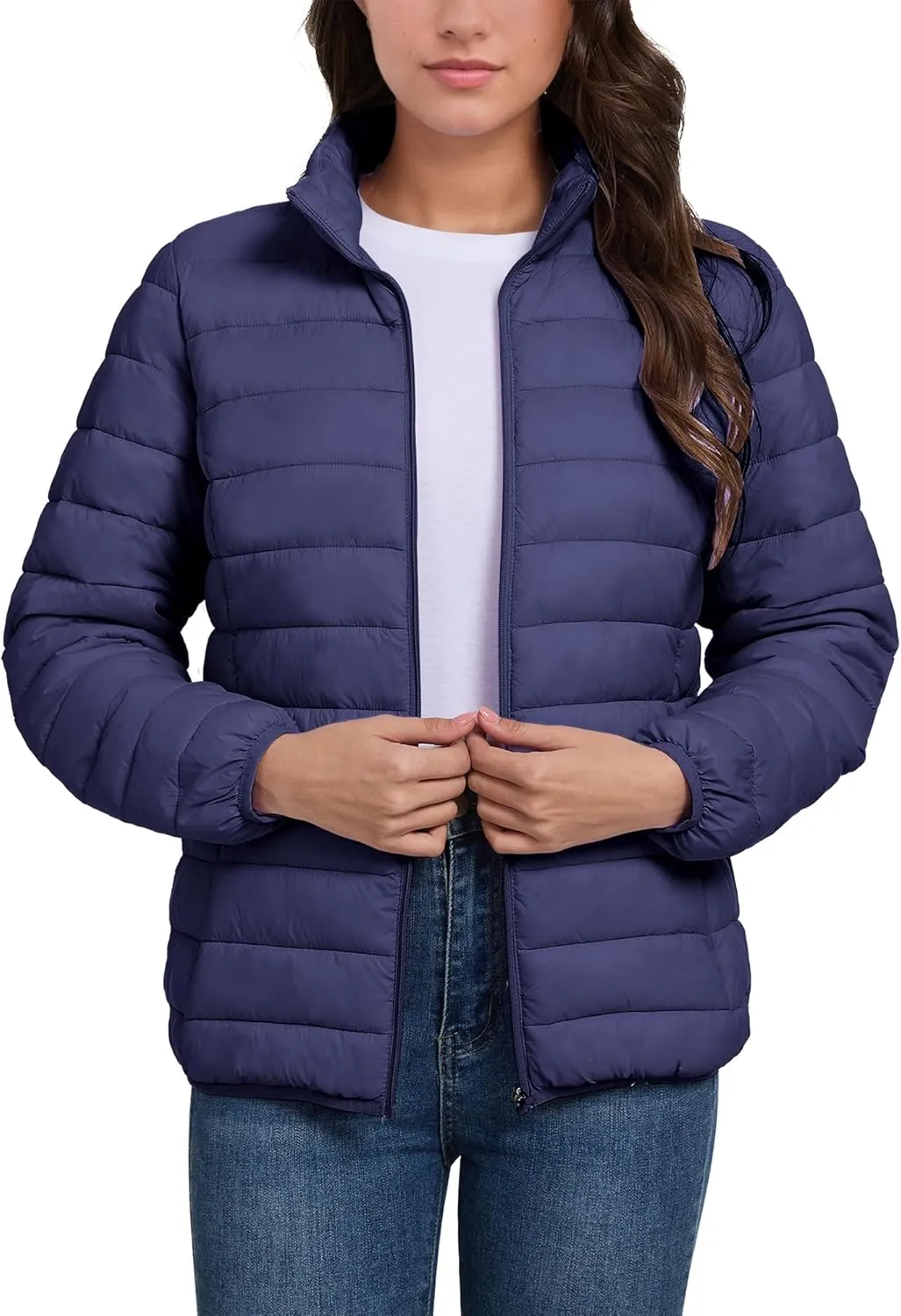 SMENG Women's Lightweight Quilted Puffer Jackets Full-Zip Stand-collar with 4 Pockets Padded Fleece Jacket Coat