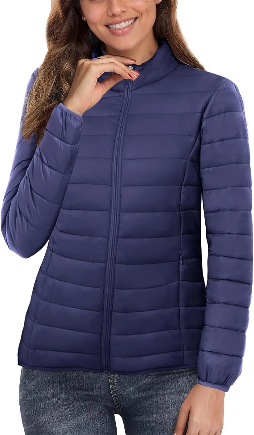 SMENG Women's Lightweight Quilted Puffer Jackets Full-Zip Stand-collar with 4 Pockets Padded Fleece Jacket Coat