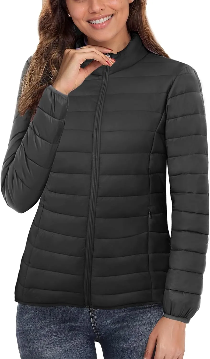 SMENG Women's Lightweight Quilted Puffer Jackets Full-Zip Stand-collar with 4 Pockets Padded Fleece Jacket Coat