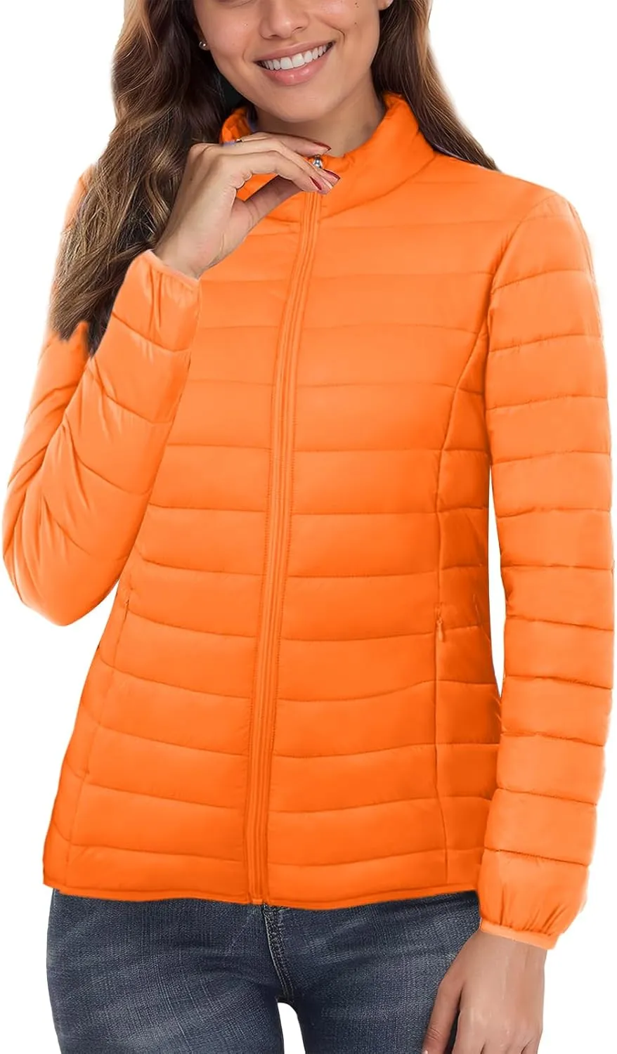 SMENG Women's Lightweight Quilted Puffer Jackets Full-Zip Stand-collar with 4 Pockets Padded Fleece Jacket Coat