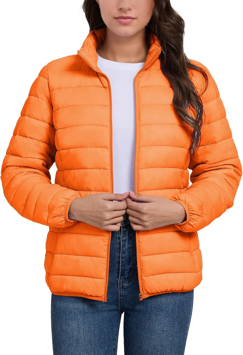 SMENG Women's Lightweight Quilted Puffer Jackets Full-Zip Stand-collar with 4 Pockets Padded Fleece Jacket Coat