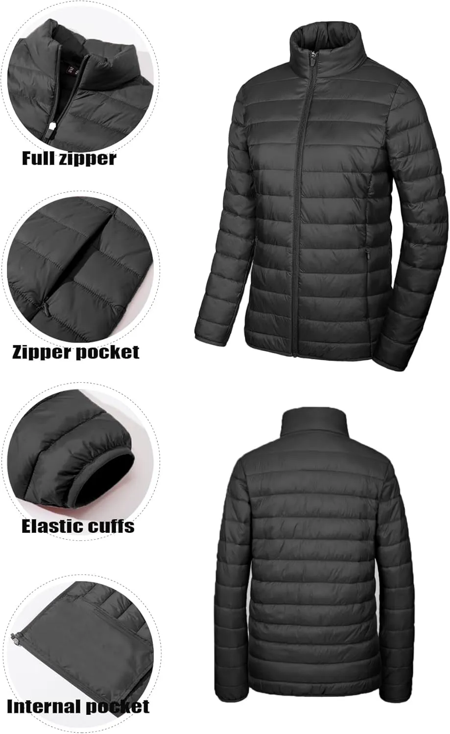 SMENG Women's Lightweight Quilted Puffer Jackets Full-Zip Stand-collar with 4 Pockets Padded Fleece Jacket Coat