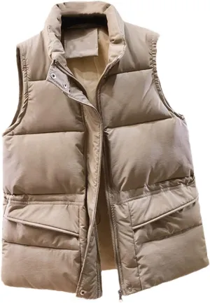 Solid Short Style Vest For Women Cotton Padded Women's Winter Sleeveless Jacket With Zipper Stand Collar Casual Coats