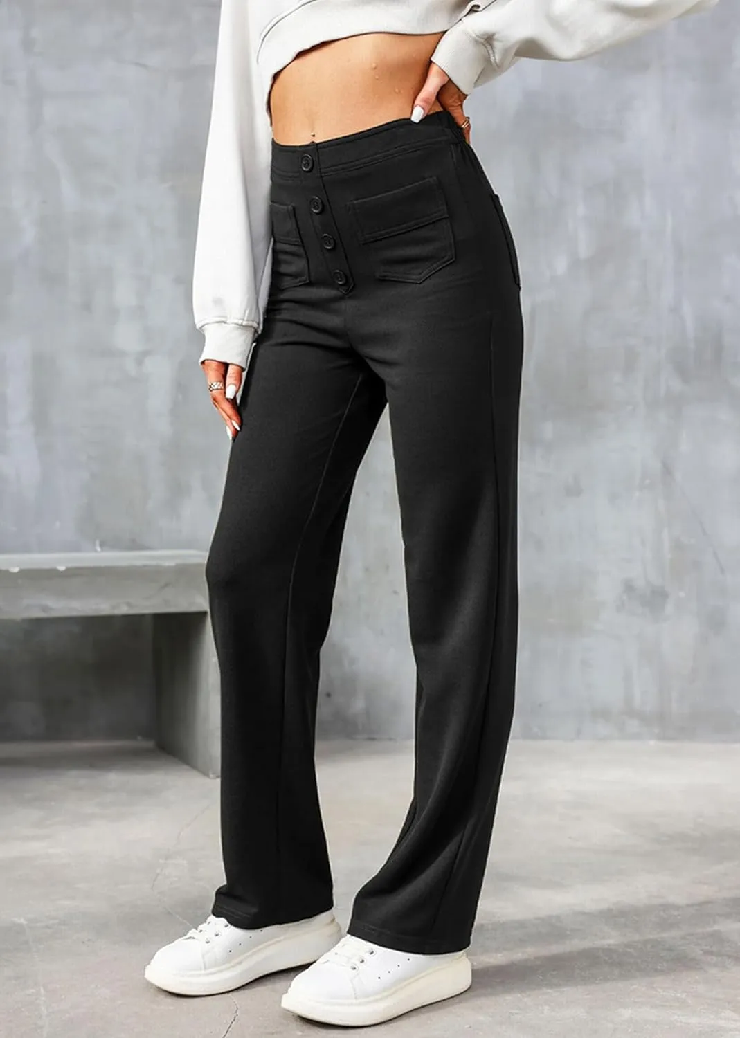 Straight Leg Pants Women Casual High Waist Button Elastic Trousers Tummy Control Stretch Pants with Multiple Pockets