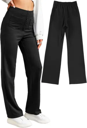 Straight Leg Pants Women Casual High Waist Button Elastic Trousers Tummy Control Stretch Pants with Multiple Pockets