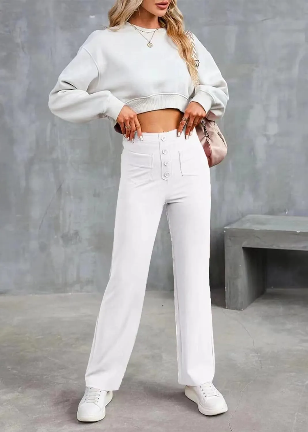 Straight Leg Pants Women Casual High Waist Button Elastic Trousers Tummy Control Stretch Pants with Multiple Pockets