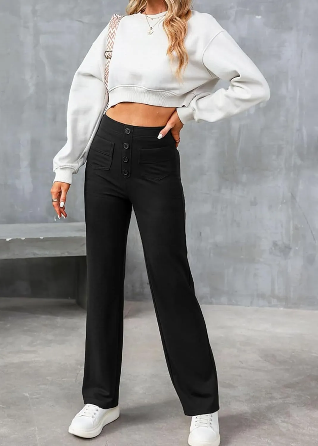 Straight Leg Pants Women Casual High Waist Button Elastic Trousers Tummy Control Stretch Pants with Multiple Pockets